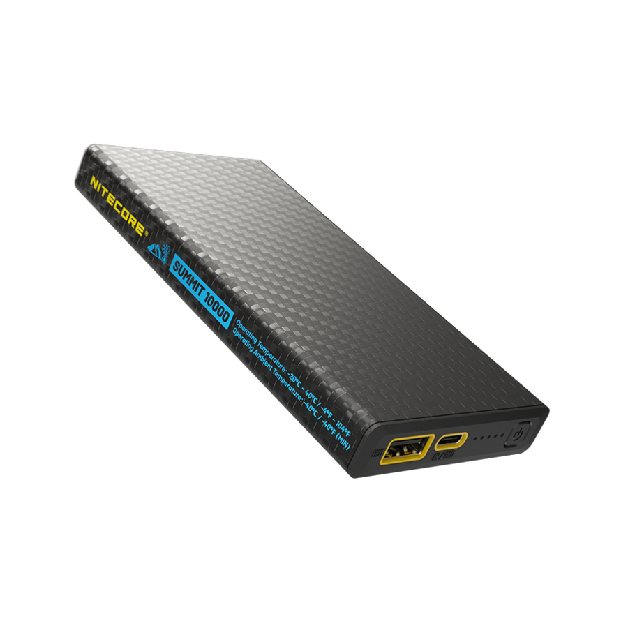 Nitecore power bank with carbon fiber texture on a white background