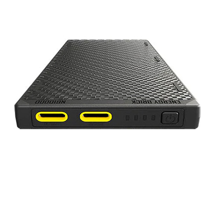 Black power bank with USB-C and USB-A ports on a white background