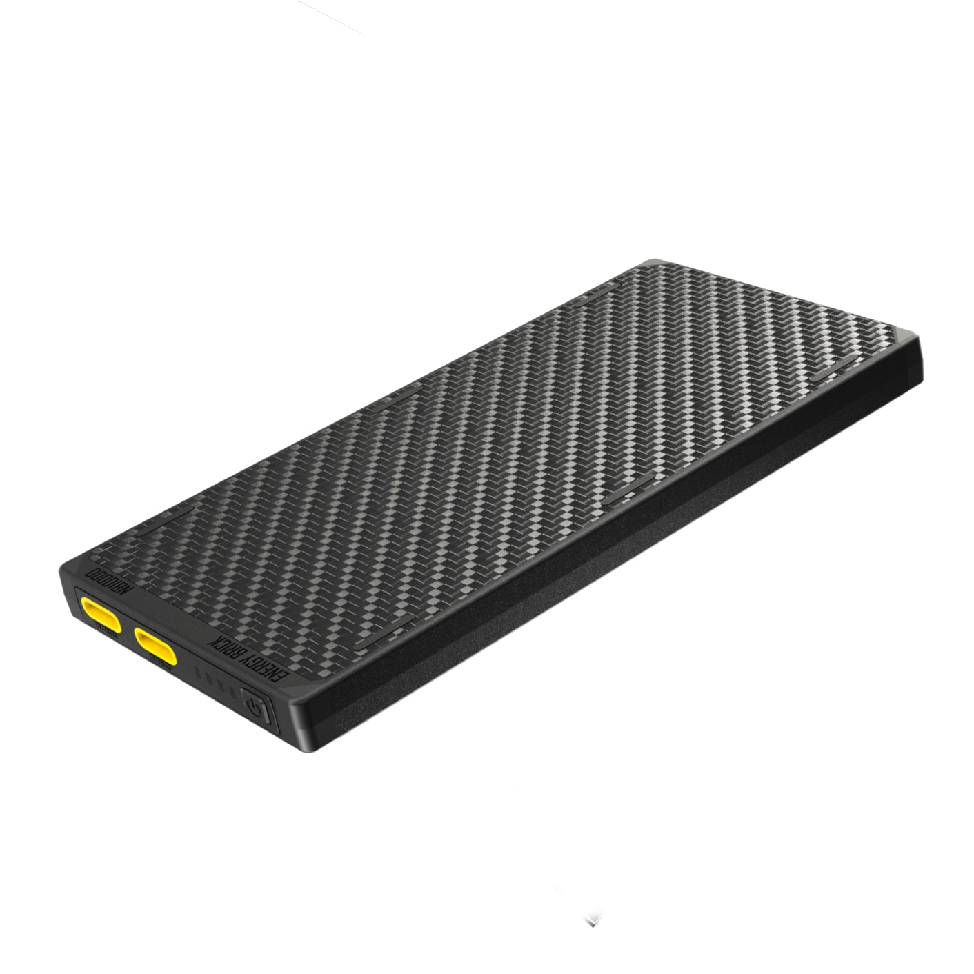 Black rectangular power bank with carbon fiber texture on a white background