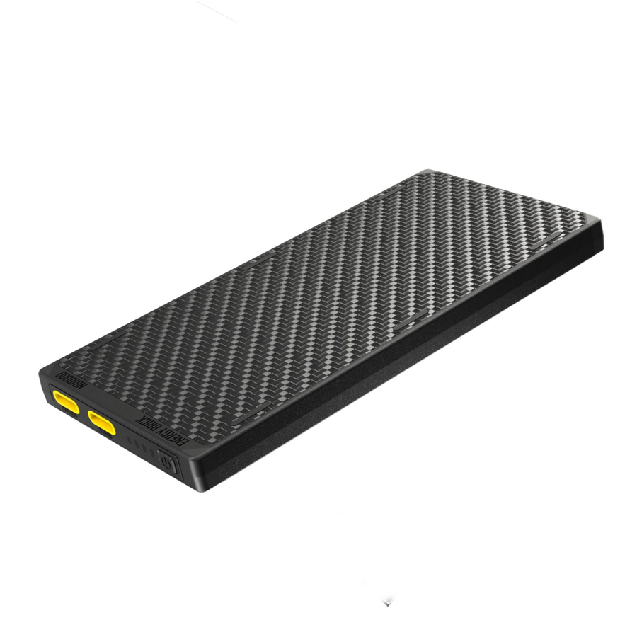 Black rectangular power bank with carbon fiber texture on a white background