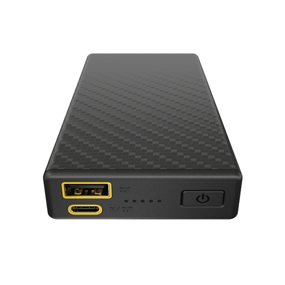 Black power bank with digital display and power button on a white background