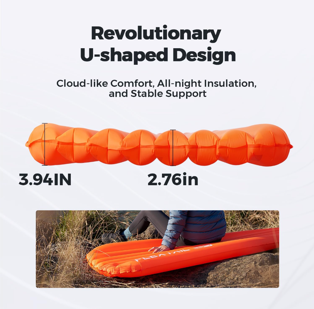 Orange sleeping pad with U-shaped design, showing dimensions and usage in outdoor setting.