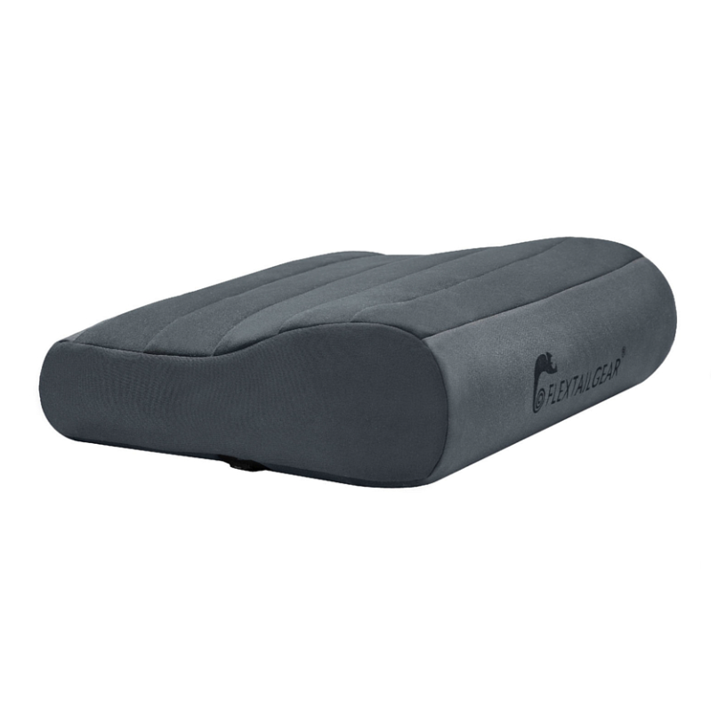 Gray inflatable pillow with 'FLEXTAILCARE' branding on a white background