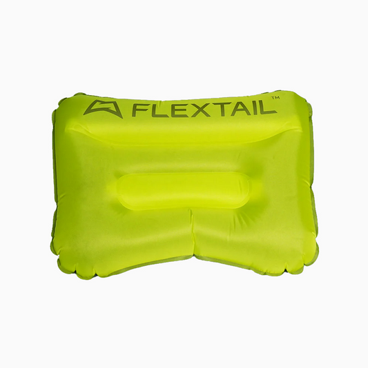 Yellow inflatable pillow with 'Flextail' branding on a white background