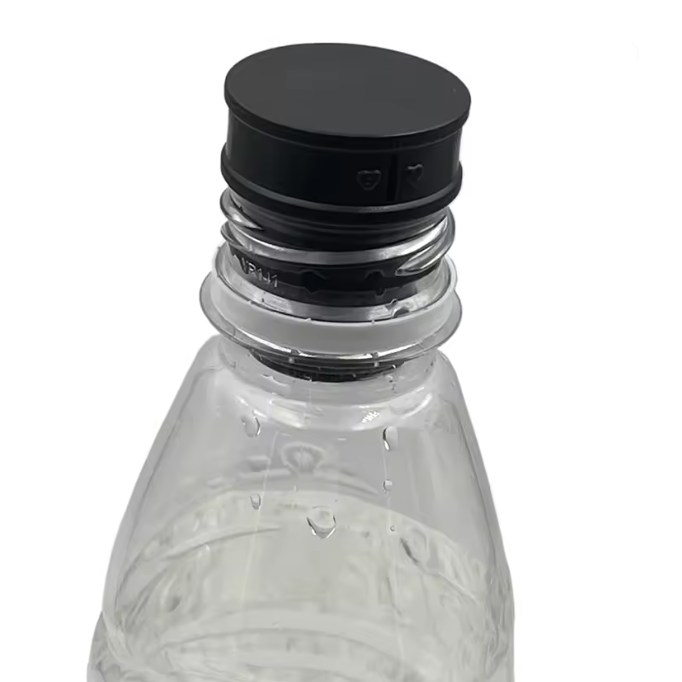 Clear water bottle with black cap on a white background