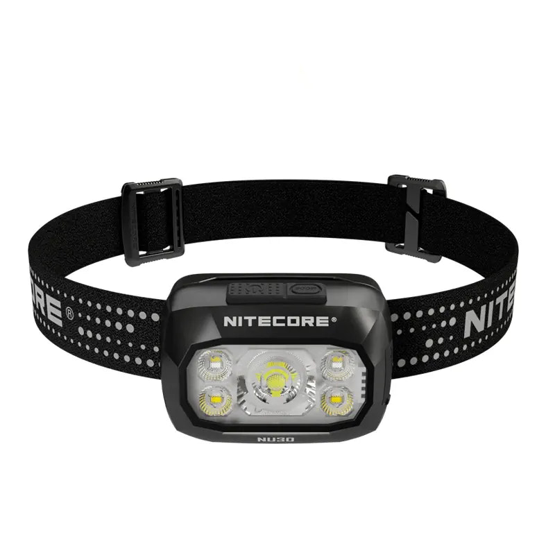 Nitecore headlamp with black strap on a white background