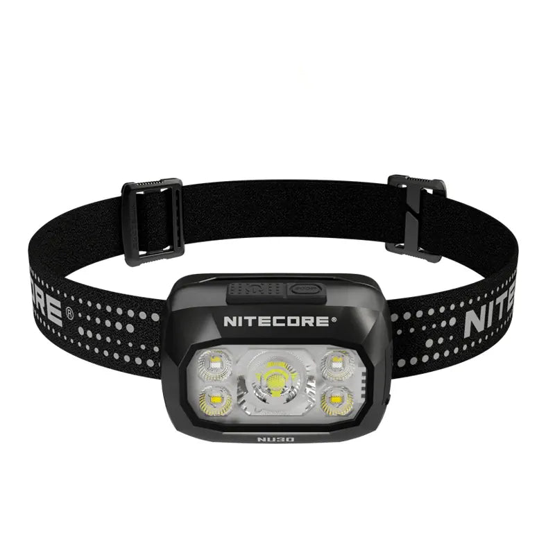 Nitecore headlamp with black strap on a white background