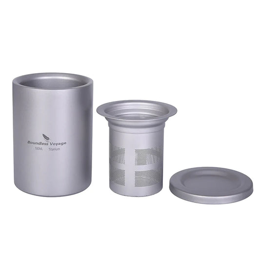 titanium mug with separate filter and lid on a white background