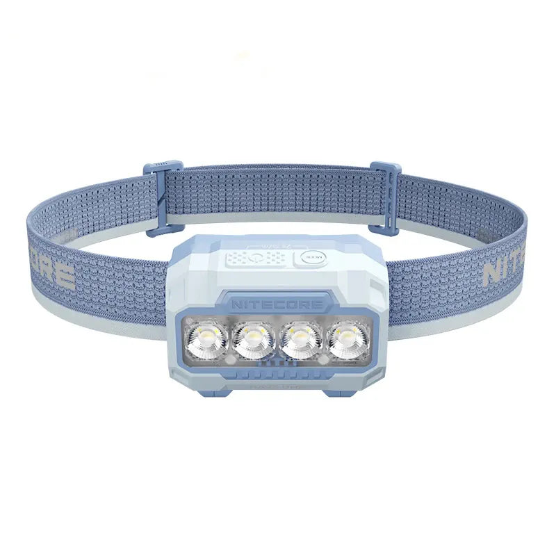 Headlamp with blue strap on a white background