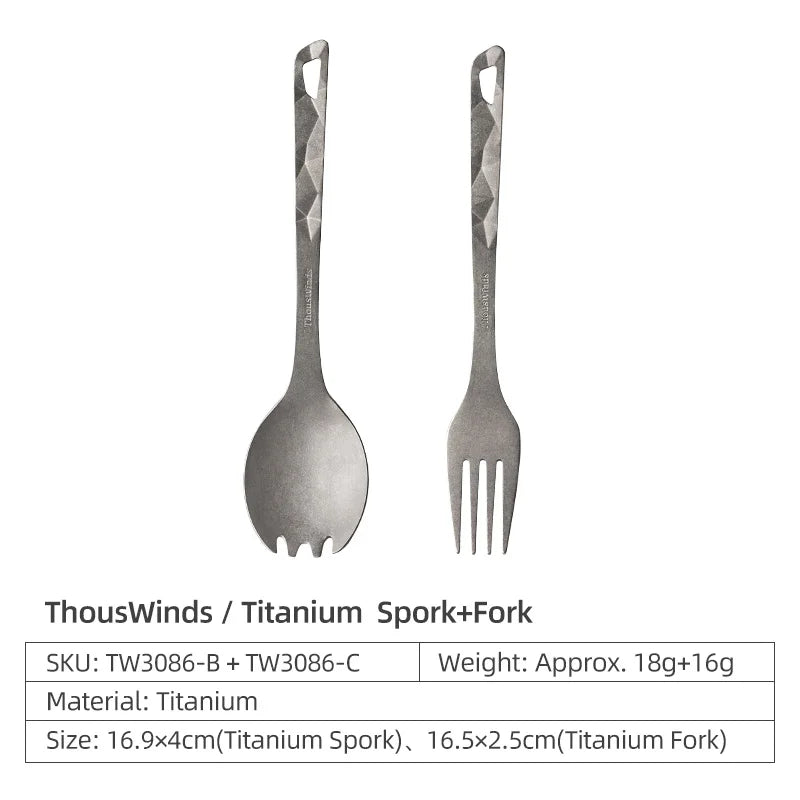 Titanium spork and fork set with product details on a white background