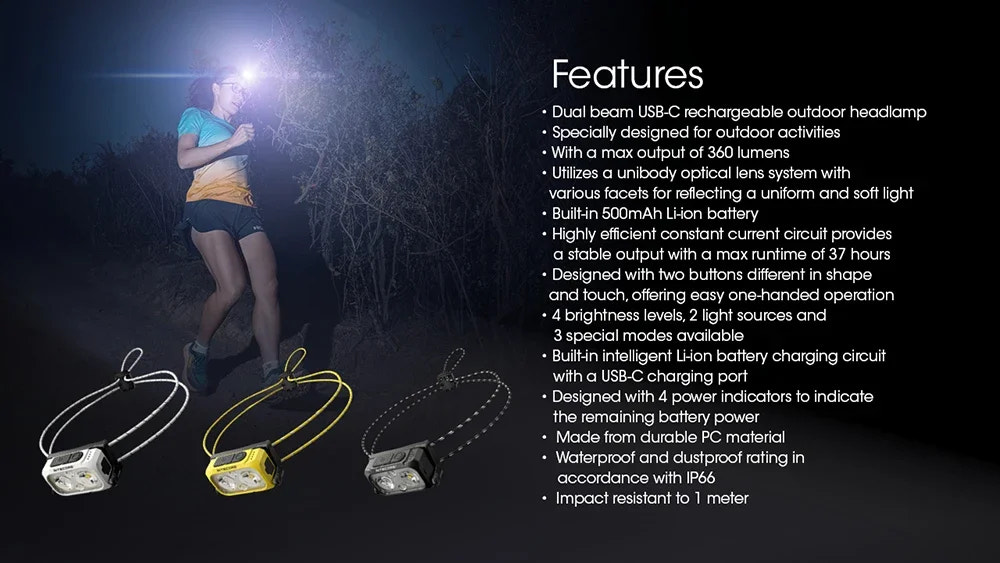Person wearing a headlamp with product features listed on a dark background