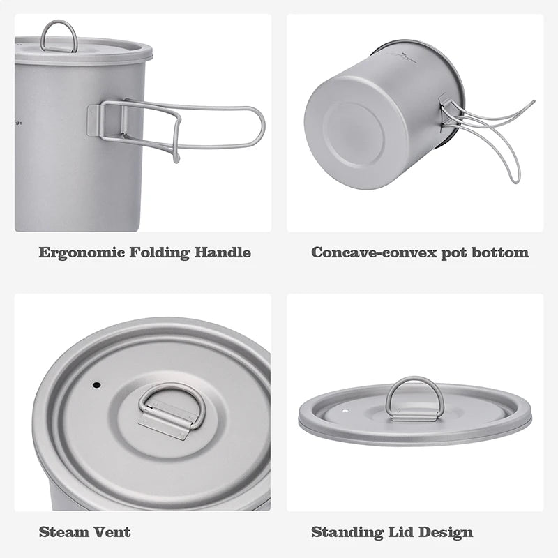 Collage of features of a gray camping pot with ergonomic handle, concave-convex bottom, steam vent, and standing lid design.