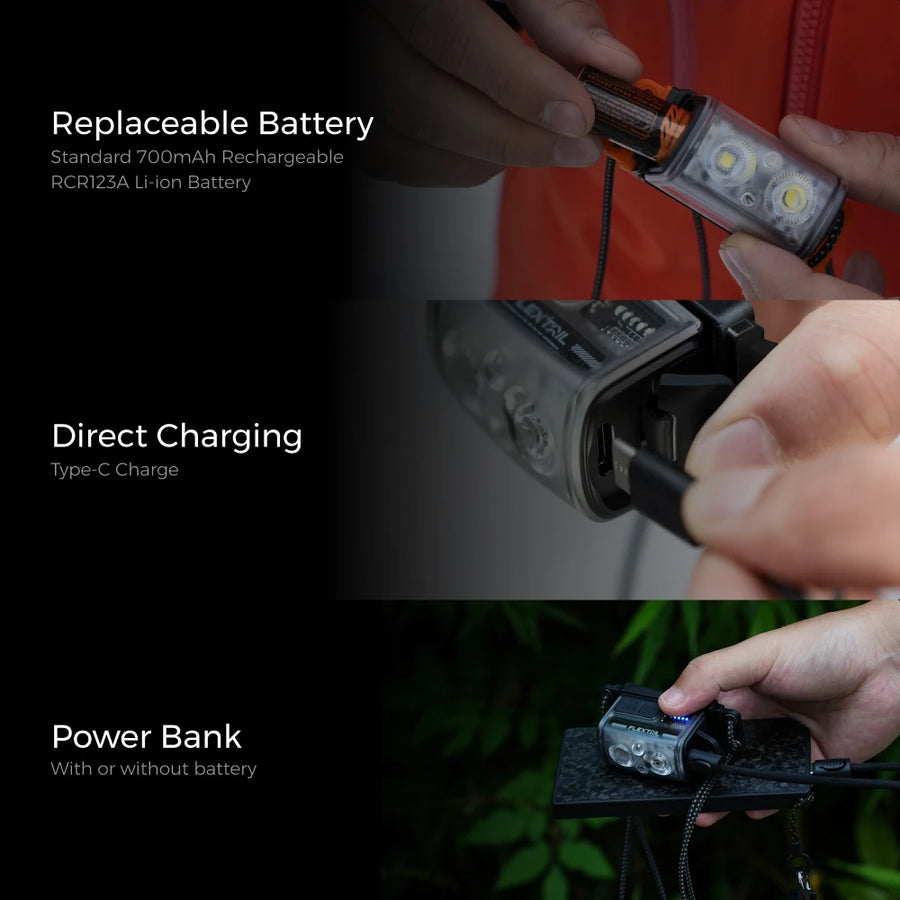 Demonstration of a flashlight's replaceable battery, direct charging, and power bank functions.