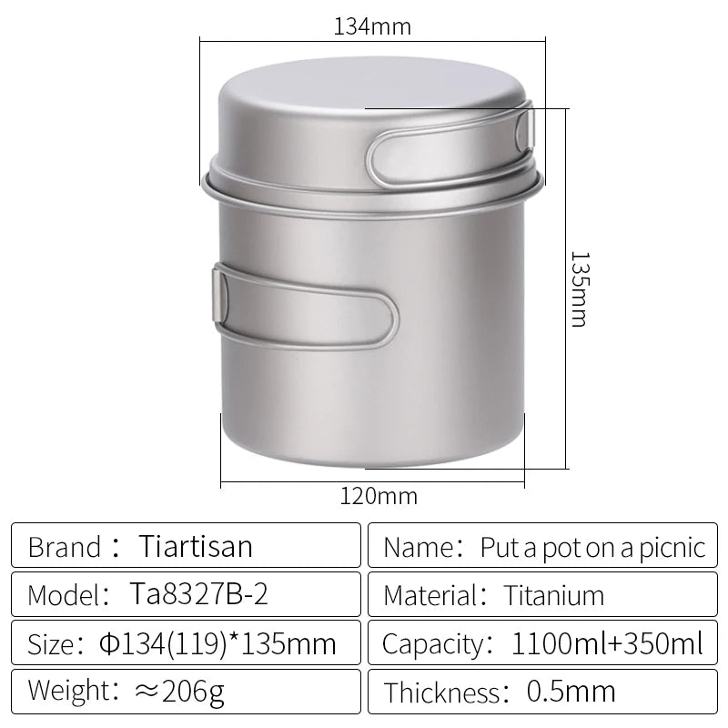 Titanium pot with dimensions and specifications on a white background