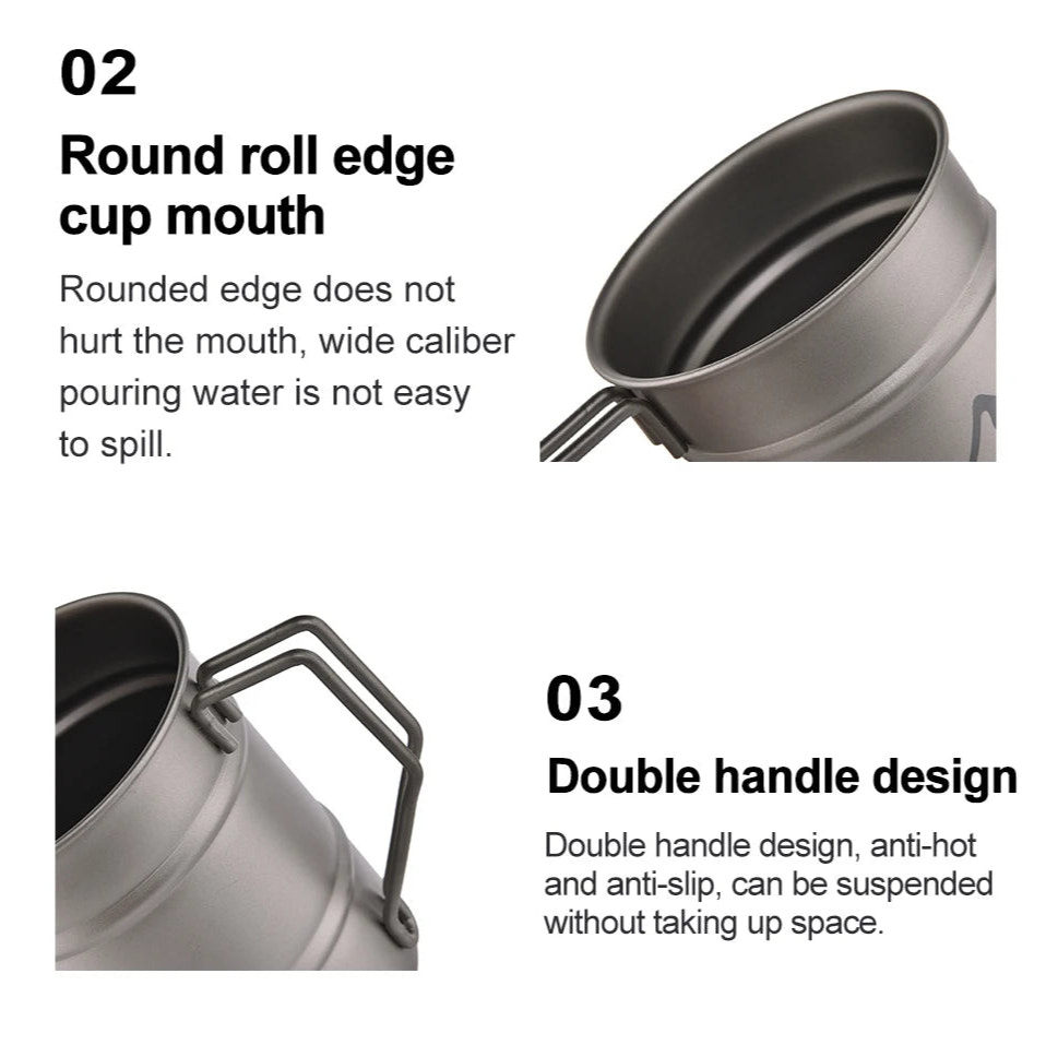 titanium cup with round roll edge and double handle design on a white background