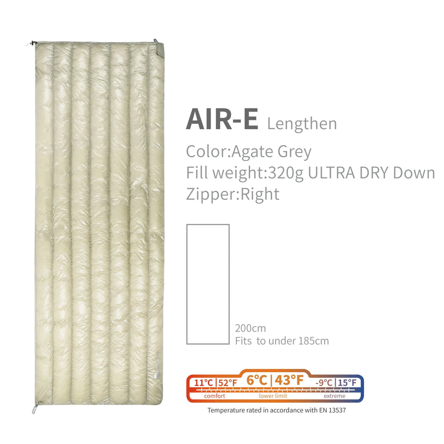 Air-E Lengthen sleeping pad with Agate Grey color, 320g fill weight, and right zipper on a white background.