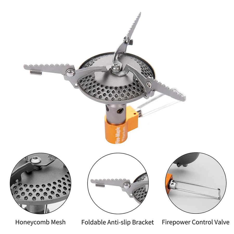 camping stove with close-up details on honeycomb mesh, foldable anti-slip bracket, and firepower control valve.