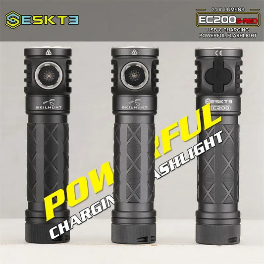 Three black flashlights with 'ESKT3' branding on a gray background