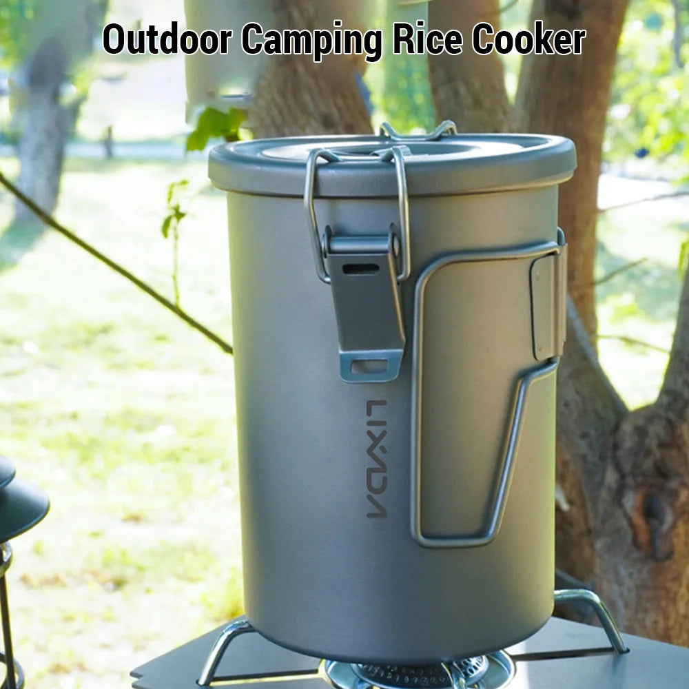 Outdoor Camping Rice Cooker with Lixada branding on a camping stove.