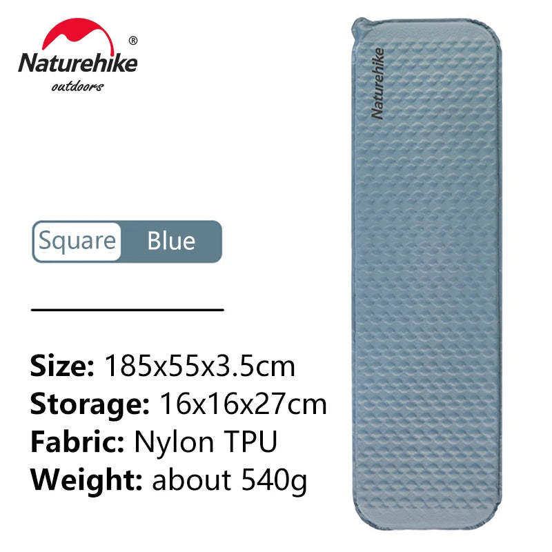 Blue inflatable camping mat with Naturehike branding and product details on a white background