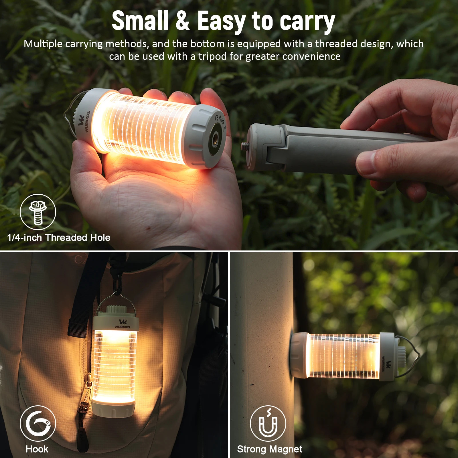 Portable light with threaded design, hook, and magnet features being held and used outdoors.