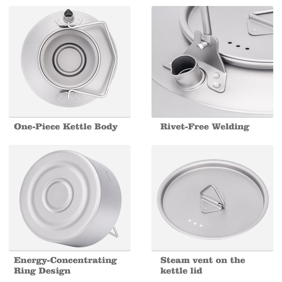 Collage of features of a kettle including one-piece body, rivet-free welding, energy-concentrating ring design, and steam vent on lid.