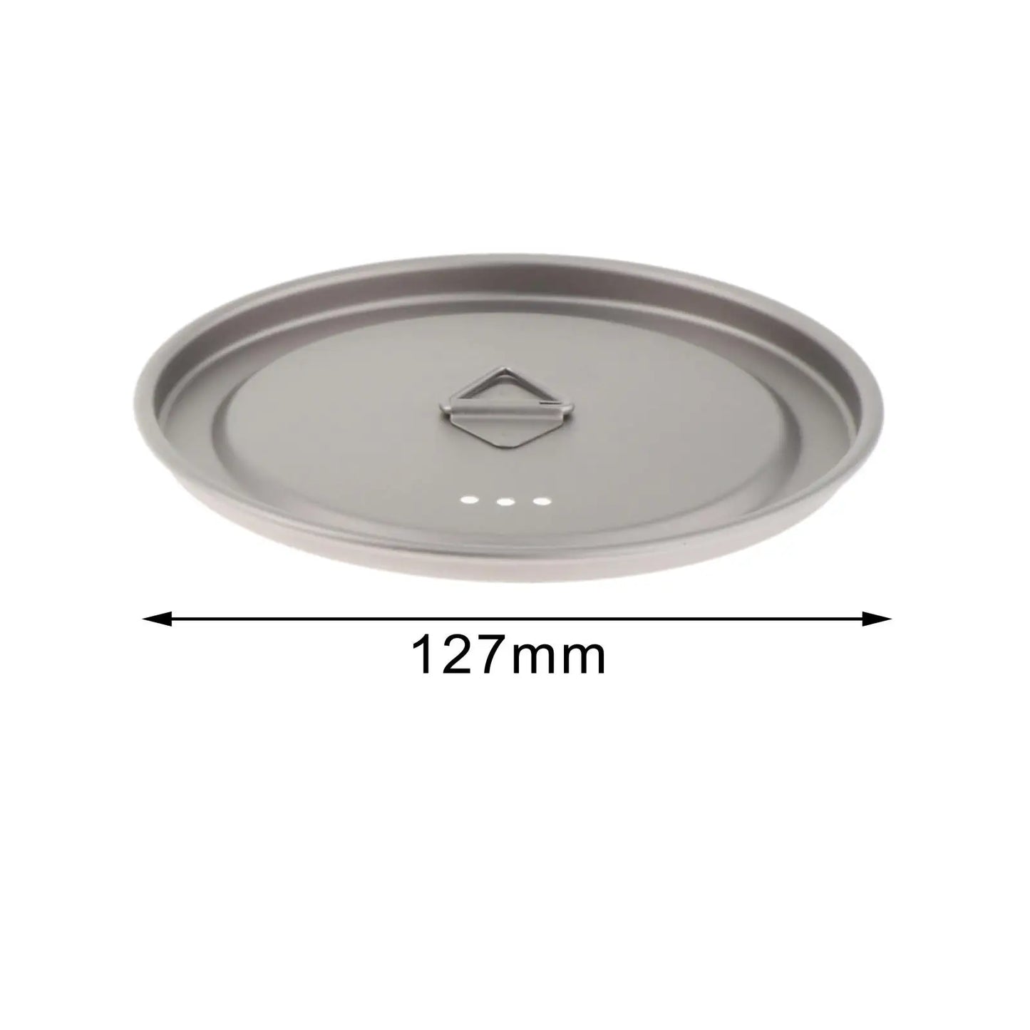 Round gray metal lid with dimensions indicated on a white background