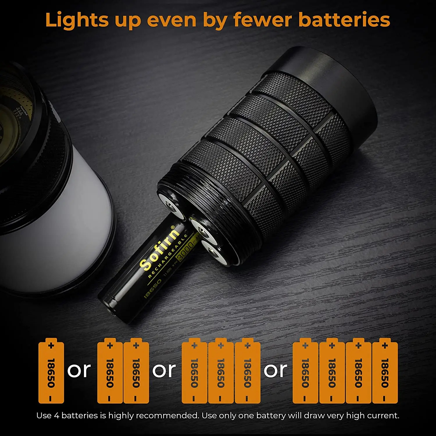 Black flashlight with batteries on a dark background, featuring the brand 'Sofirn'.