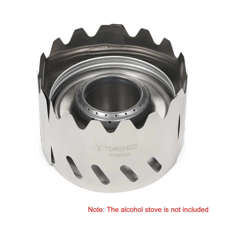 Titanium alcohol stove with 'Tomshoo' branding on a white background