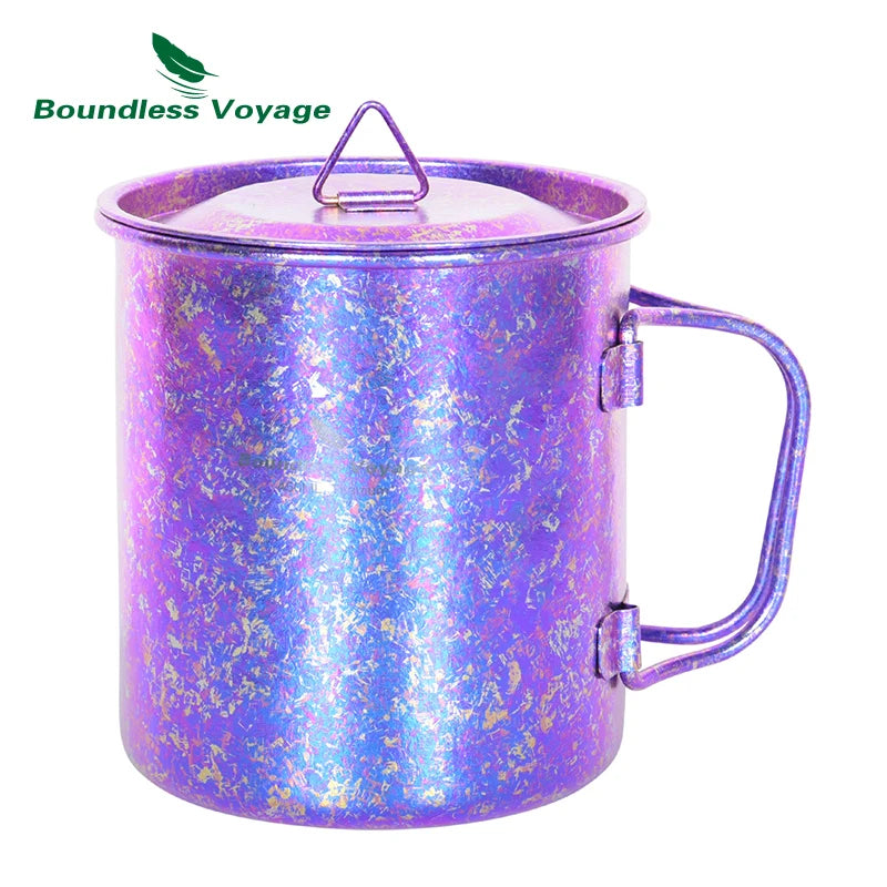 Purple iridescent mug with handle on a white background, featuring 'Boundless Voyage' brand.