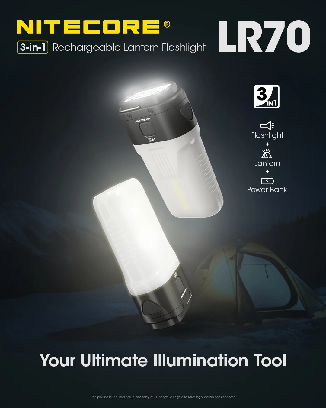 Nitecore LR70 rechargeable lantern flashlight with tent in background