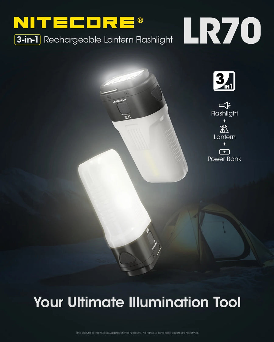 Nitecore LR70 rechargeable lantern flashlight with tent in background