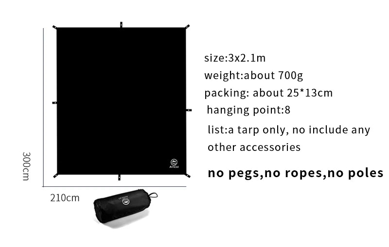 Black tarp with dimensions, weight, and packaging details on a white background