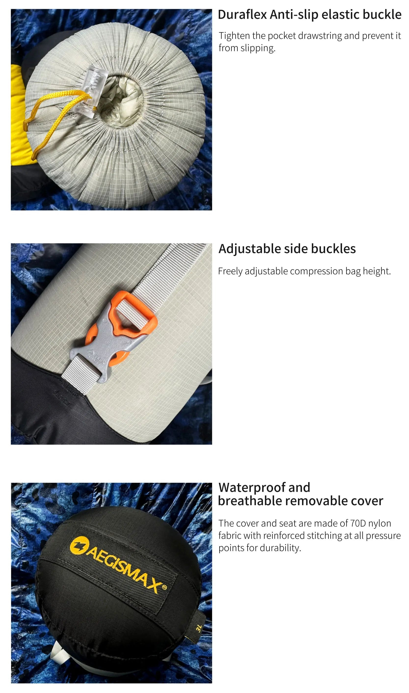 Product features of a compression bag with adjustable side buckles, anti-slip elastic buckle, and waterproof cover.