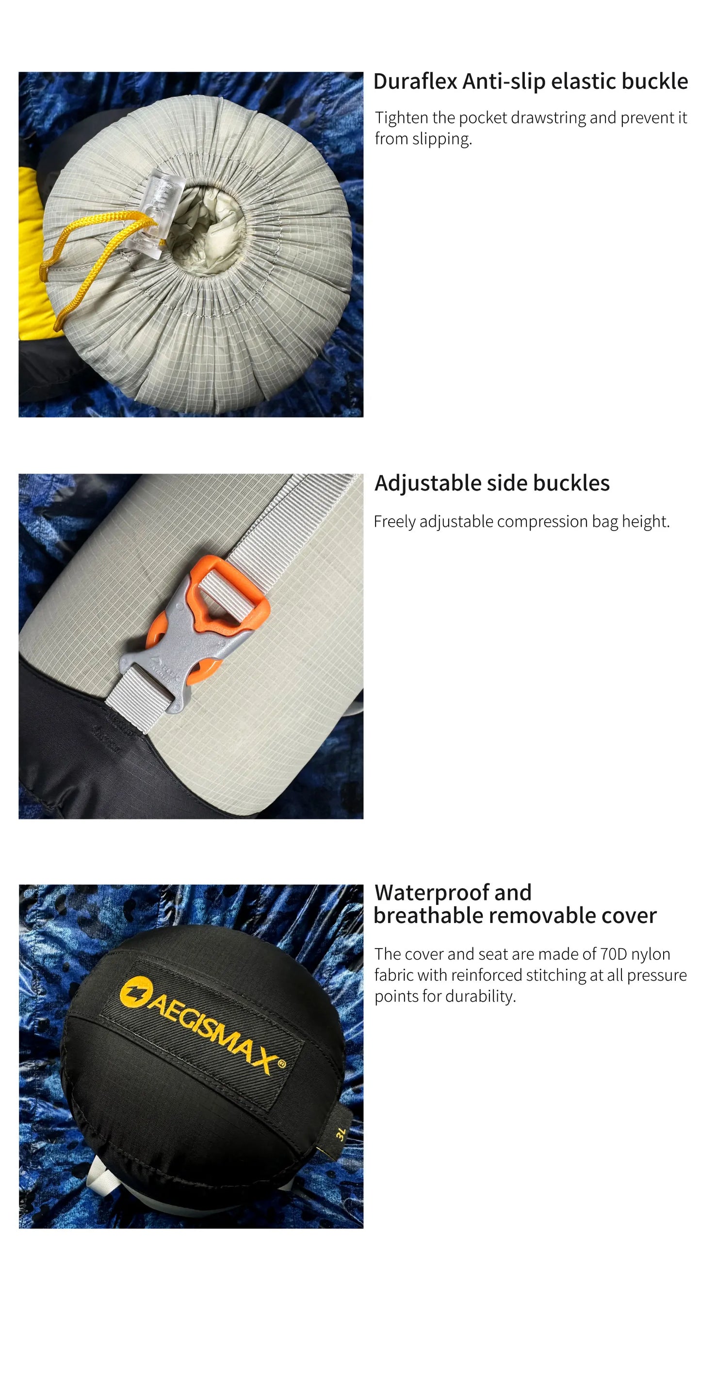 Product features of a compression bag with adjustable side buckles, anti-slip elastic buckle, and waterproof cover.