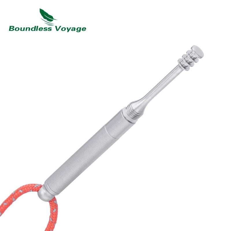 Telescopic pole with red rope at the end on a white background, branded 'Boundless Voyage'.