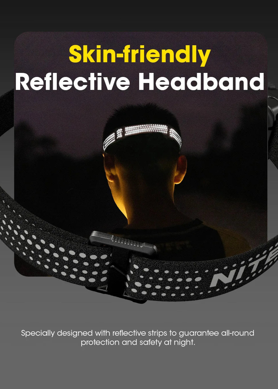 Reflective headband with visible brand logo on a dark background