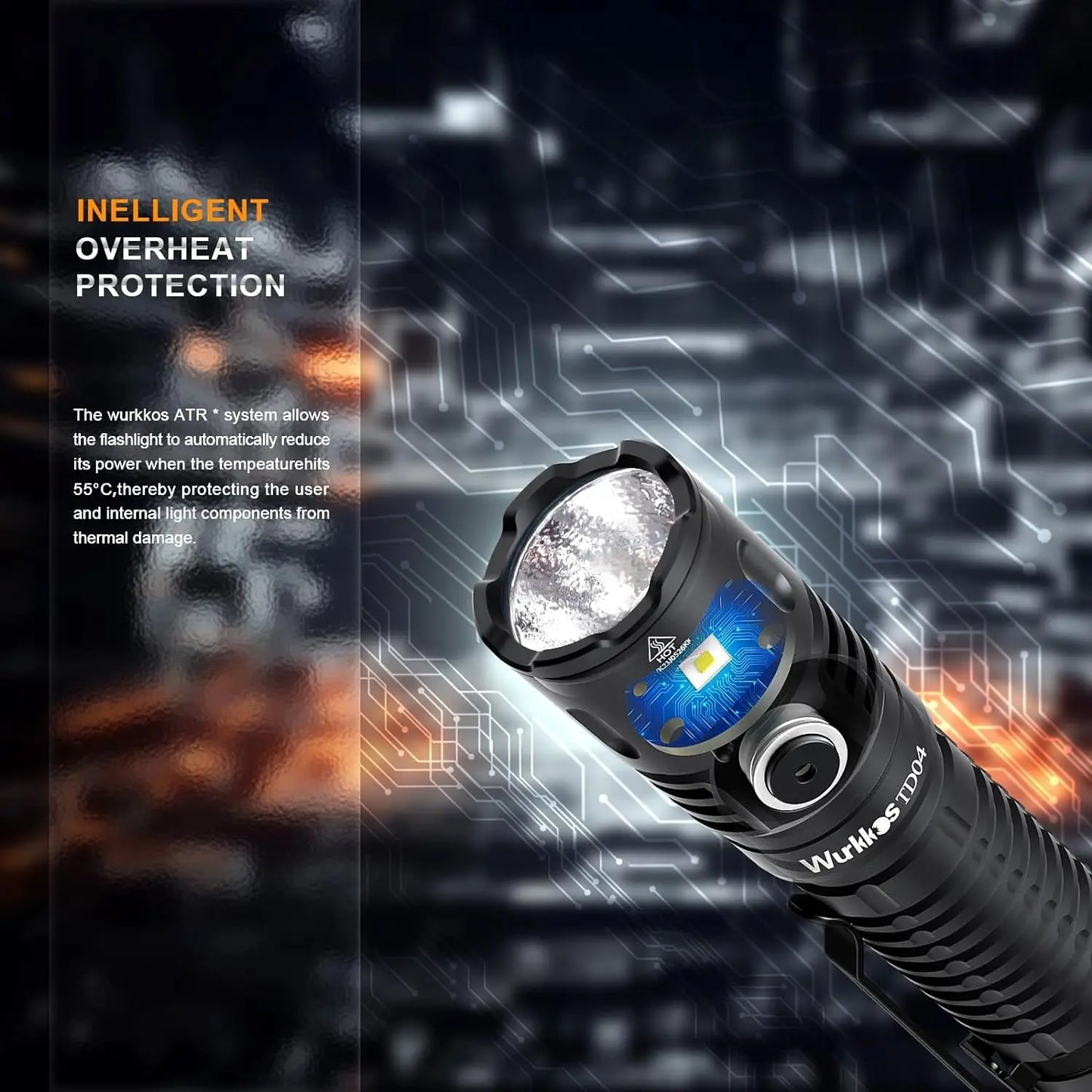 Black flashlight with blue light on a dark background with circuit board design