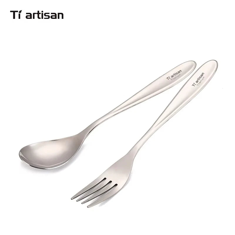 titanium spoon and fork set with 'Ti artisan' branding on a white background