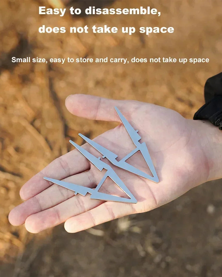 Metal folding tool held in a hand with text about its features on a natural background