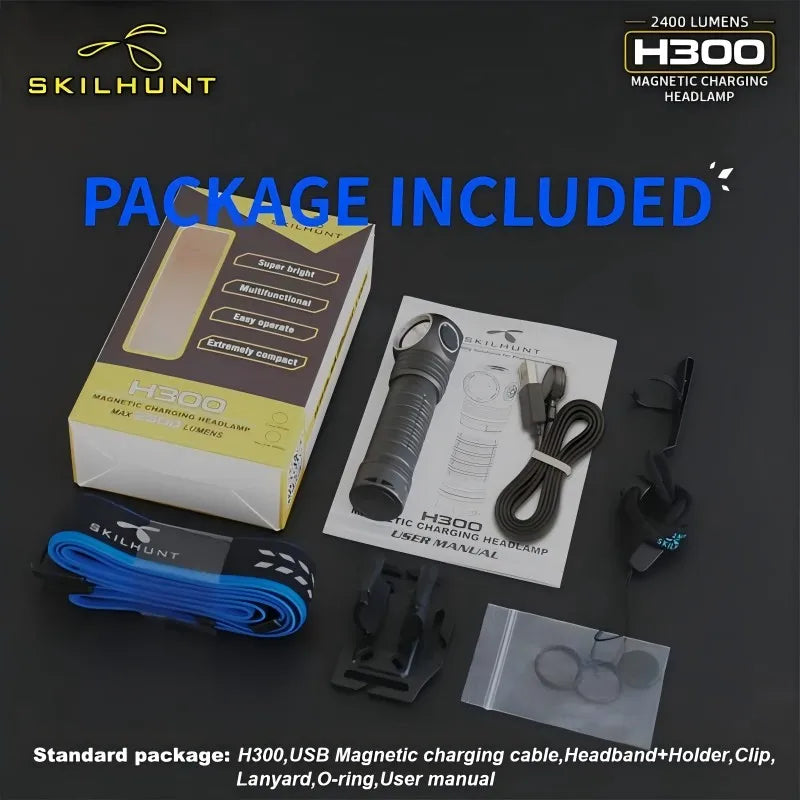 SKILHUNT H300 magnetic charging headlamp package with box, user manual, USB cable, headband, lanyard on a dark background.