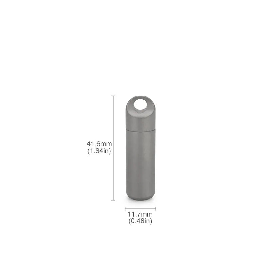 Silver cylindrical container with a loop on top, shown with measurements on a white background