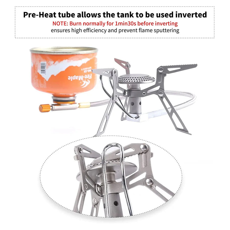 Portable camping stove with pre-heat tube and canister on a white background