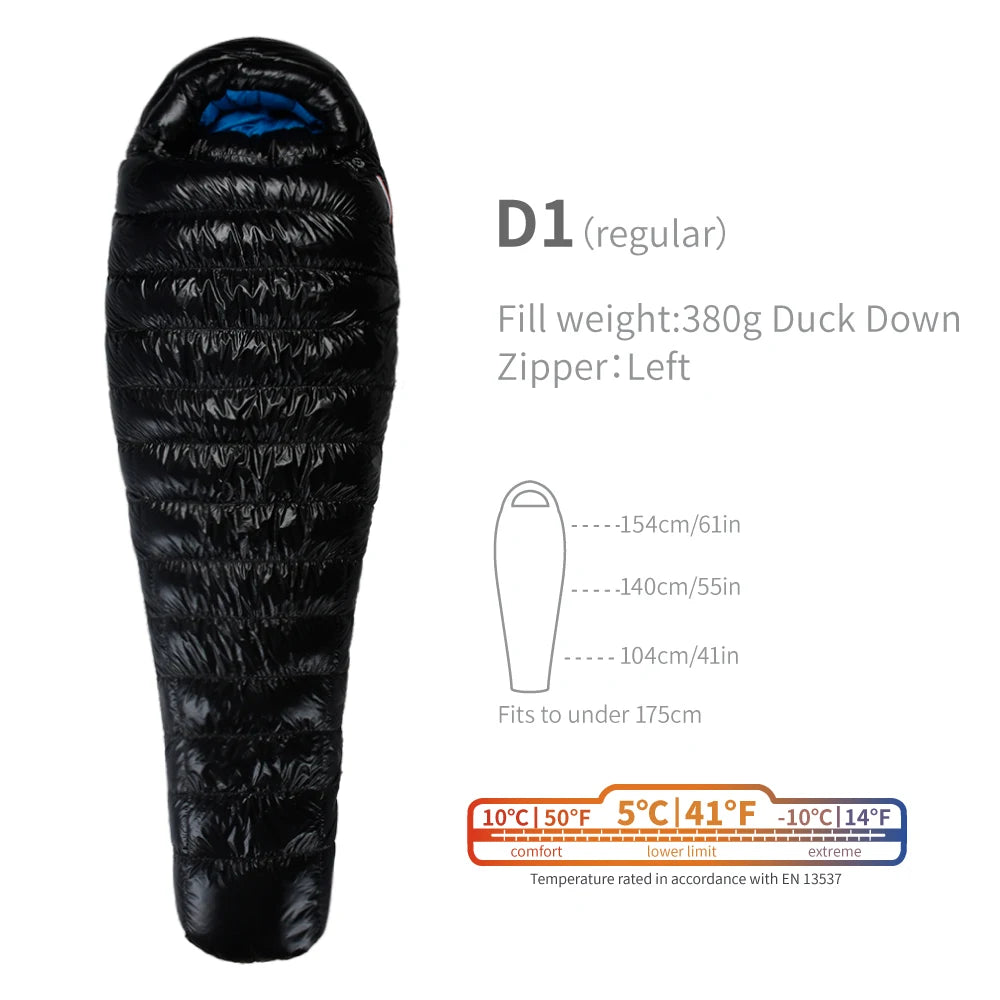 Black sleeping bag with specifications on a white background