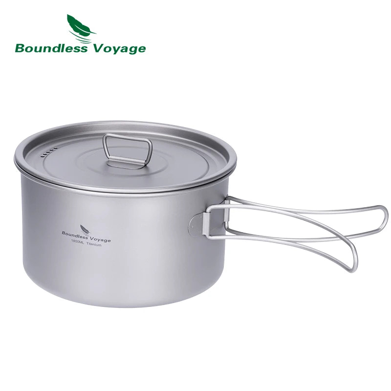 Camping pot with lid on a white background, featuring Boundless Voyage branding.