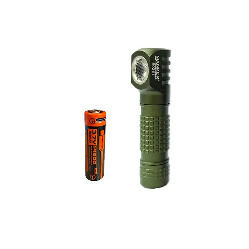 Green flashlight with a battery on a white background