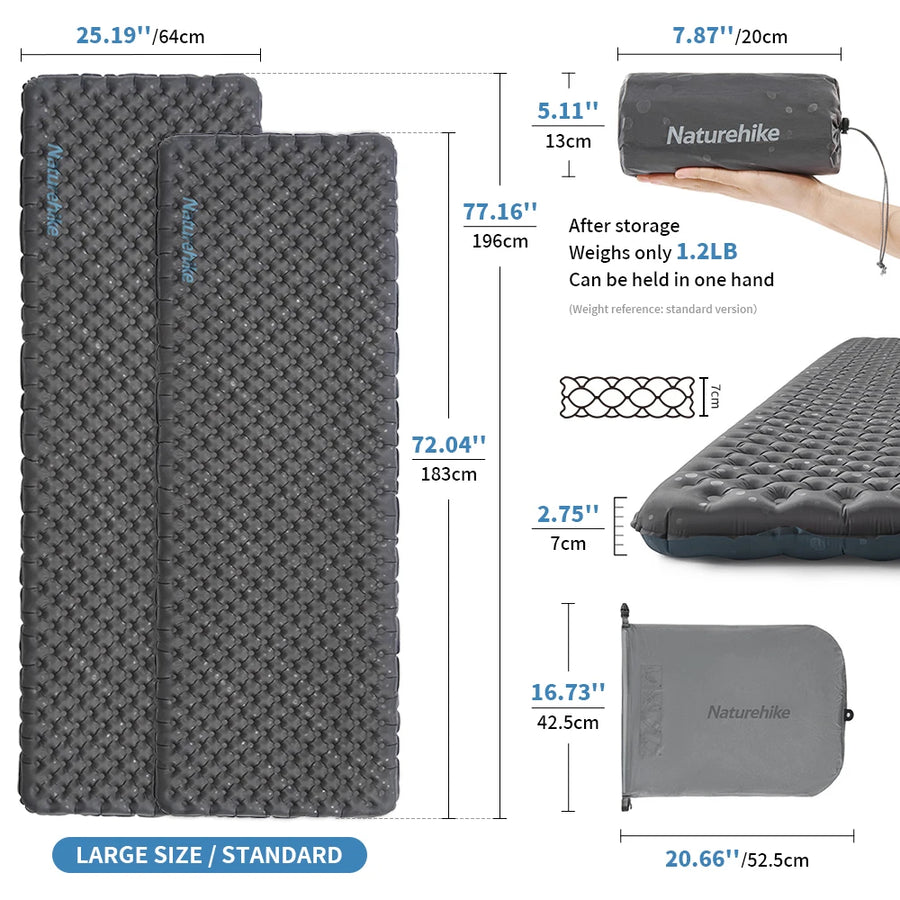 Camping mattress with dimensions and storage bag shown, featuring Naturehike branding.