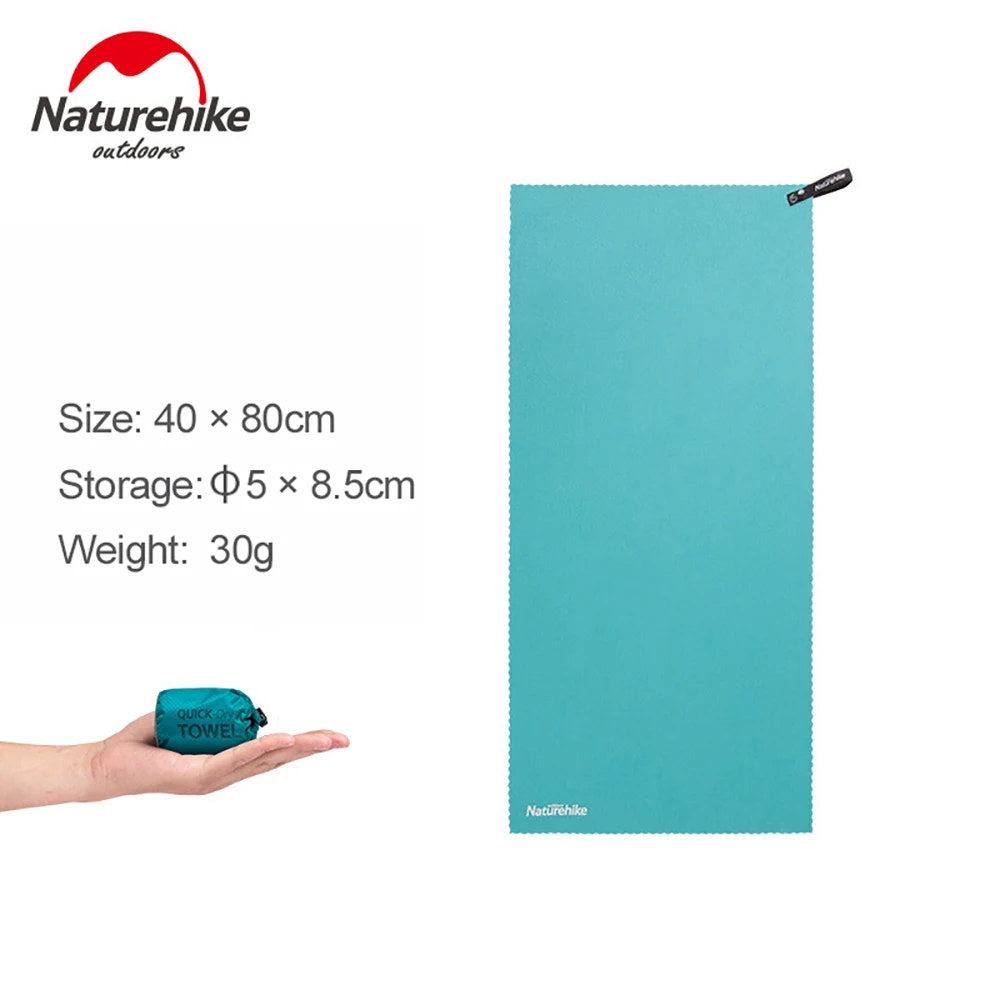 Teal towel with Naturehike branding and product specifications on a white background
