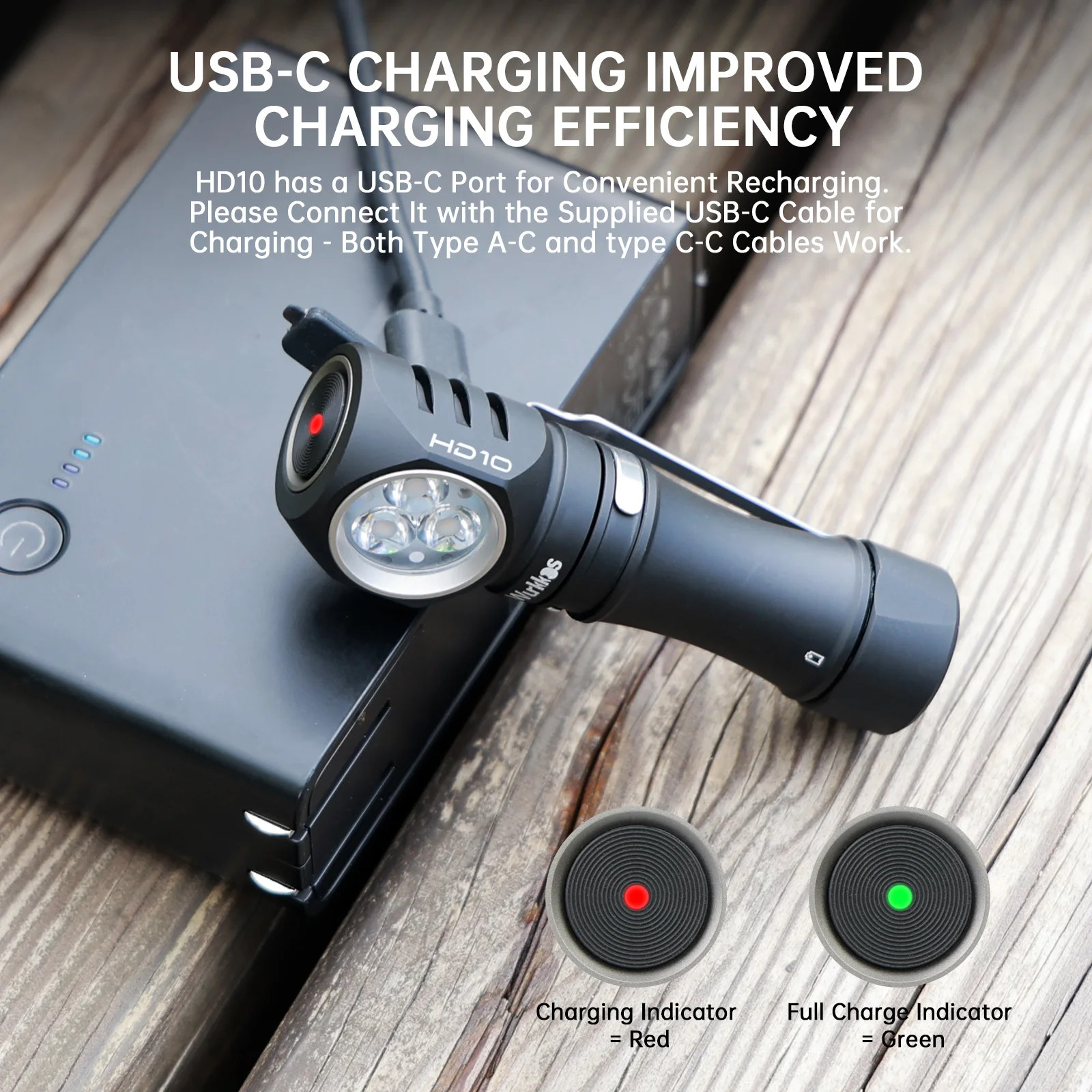 Black flashlight with USB-C charging cable on a wooden surface, featuring charging indicator lights.
