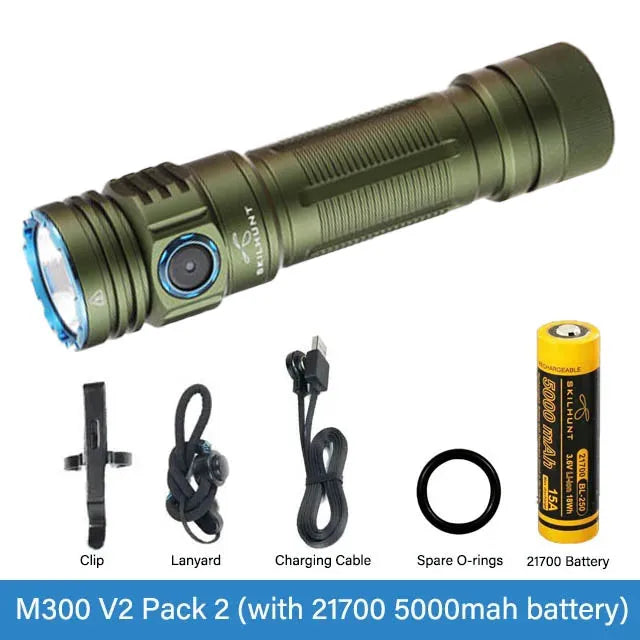 Green flashlight with accessories on a white background
